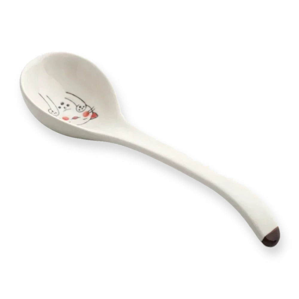 Cuillère à soupe japonaise Aoshima en céramique blanche à décor de chat