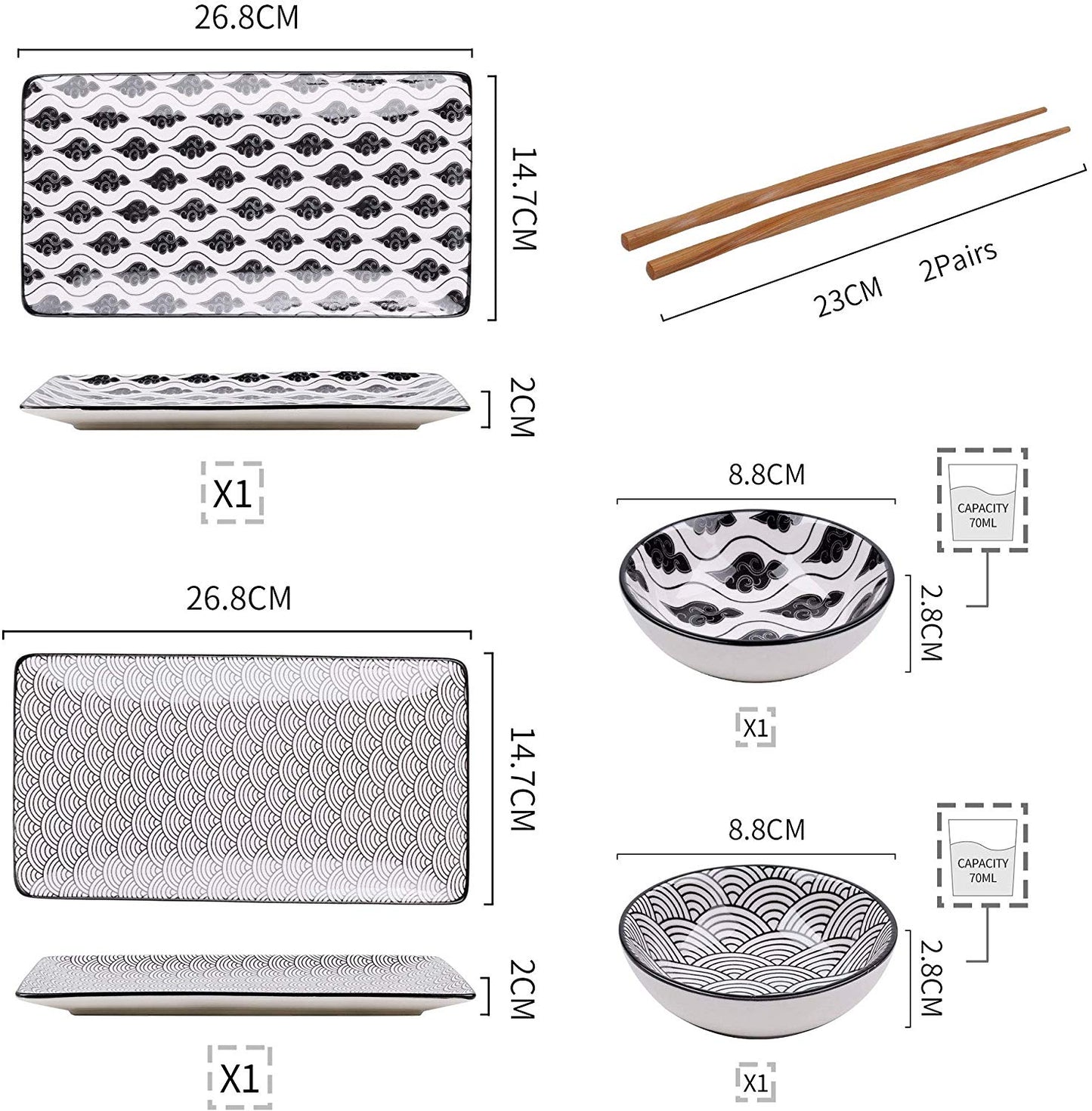 Ensemble D'assiettes à Sushi, Bols à Sauce et Baguettes Ginza