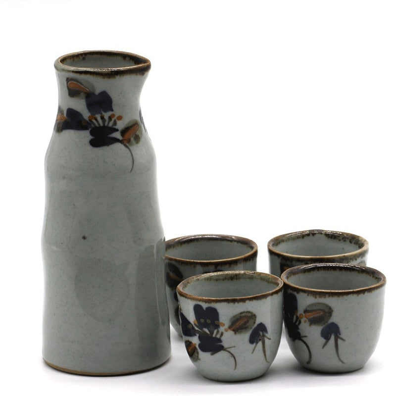 Ensemble Saké Céramique Japonais - Tokkuri Et 6 Tasses Ochoko - Service Traditionnel Noir