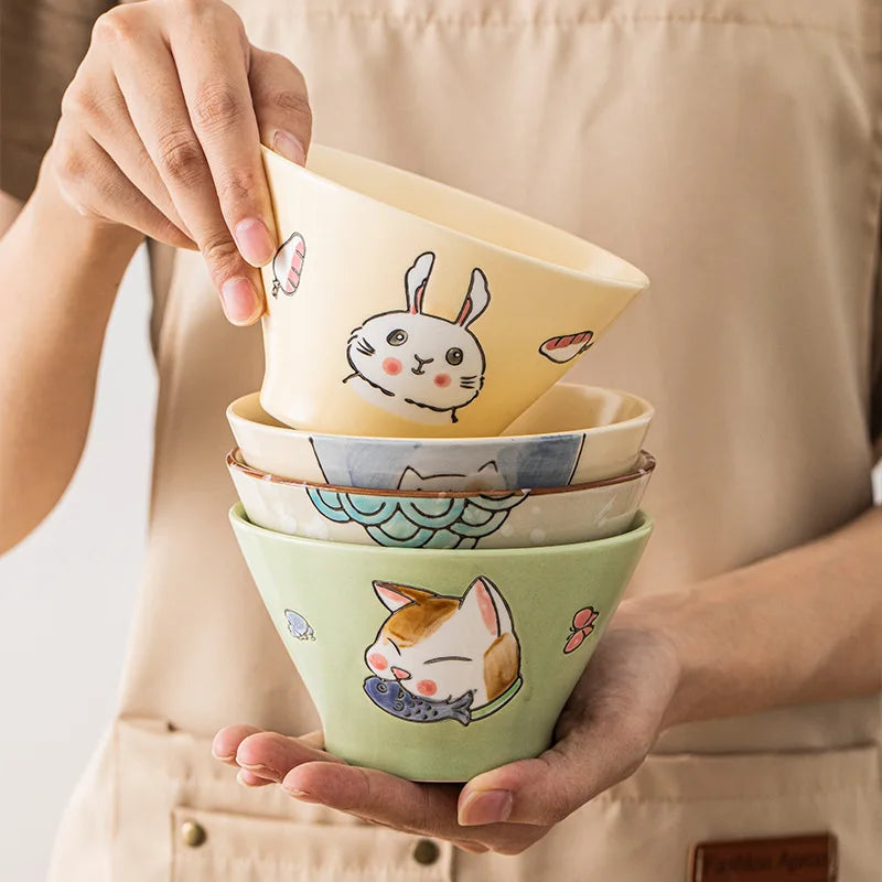 Bols de riz Yanaka lapin, chat et carpes empilés