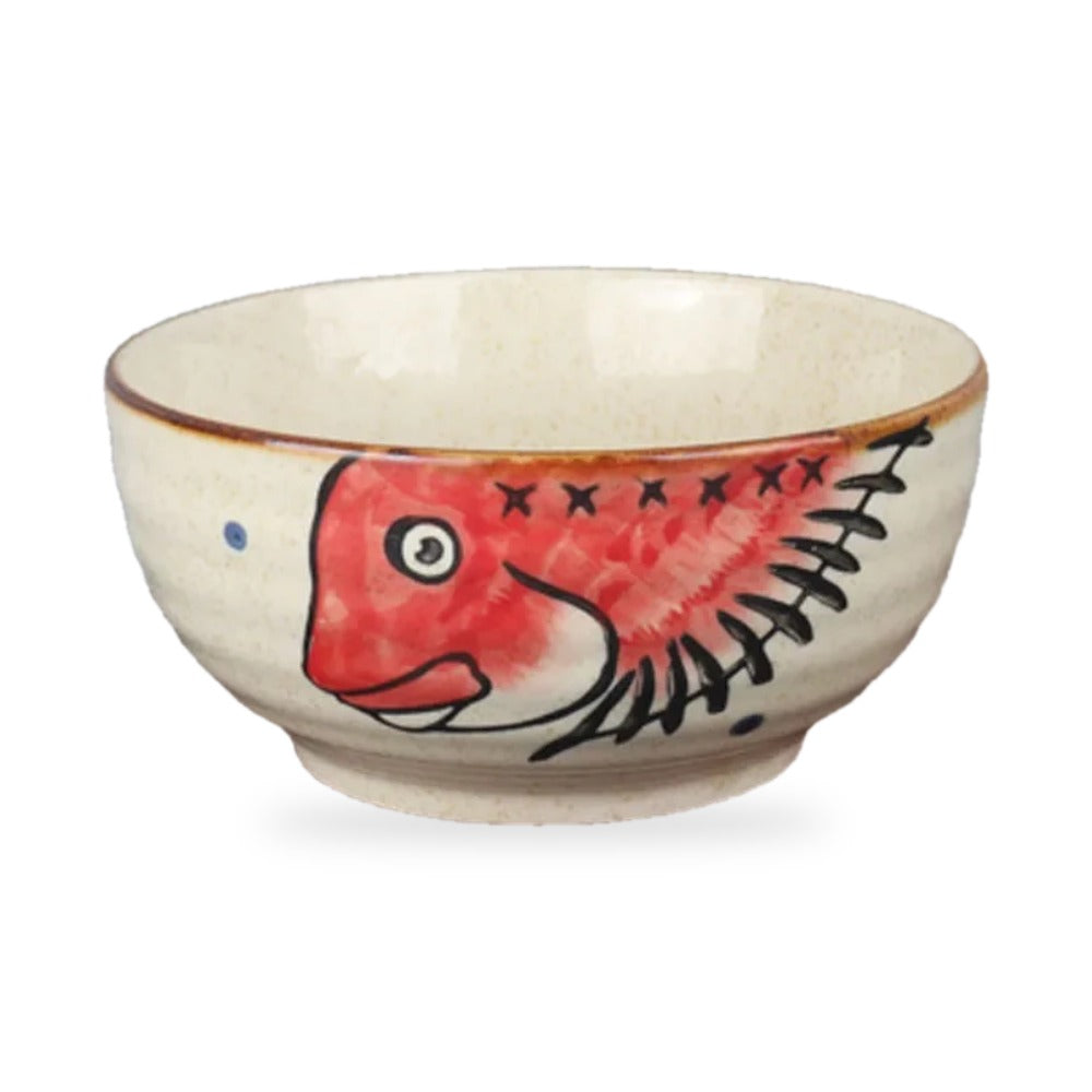 Bol à ramen japonais Akashi en céramique, décor daurade rouge, sur fond blanc