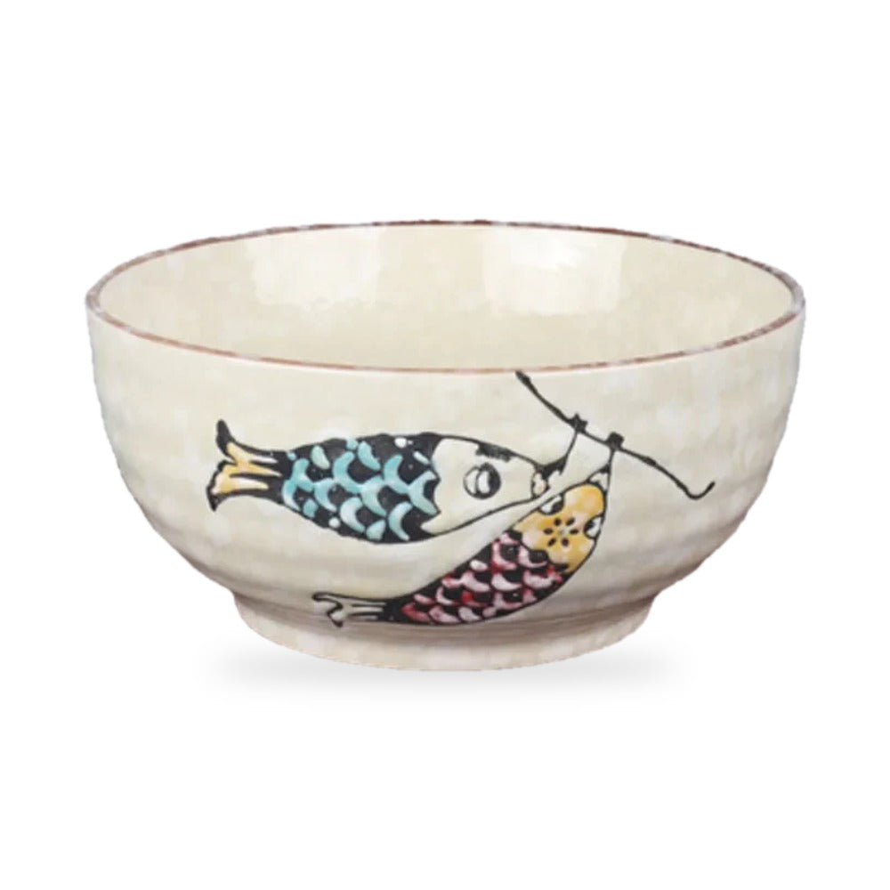Bol à ramen japonais Ojiya en céramique, décor carpes koï, sur fond blanc