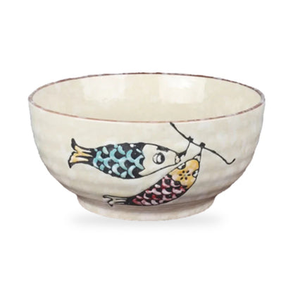 Bol à ramen japonais Ojiya en céramique, décor carpes koï, sur fond blanc
