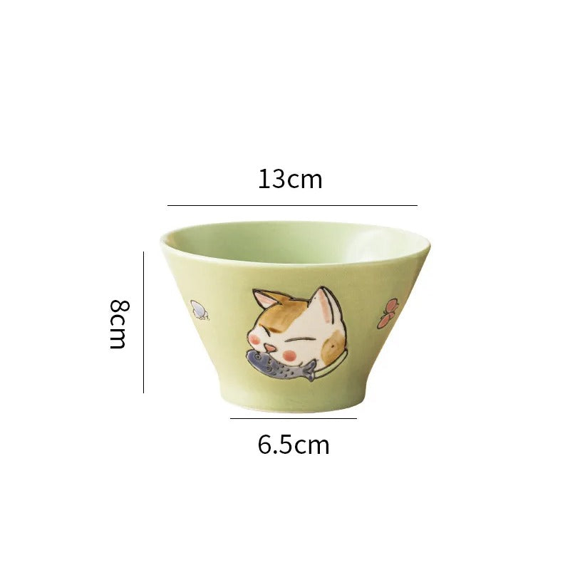 Bol de riz japonais Yanaka chat vert, 13 cm x 8 cm