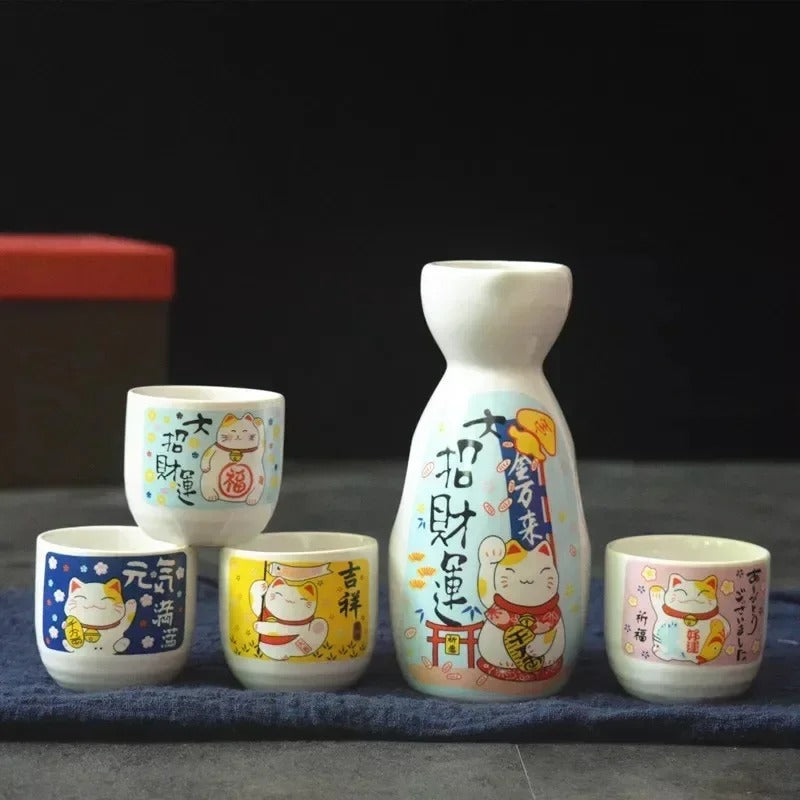 Service à saké Imado multicolore, carafe et 4 coupes maneki neko
