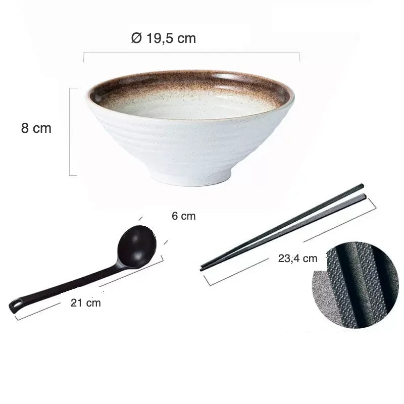 Set bol à ramen Hakata blanc bord brun avec cuillère et baguettes