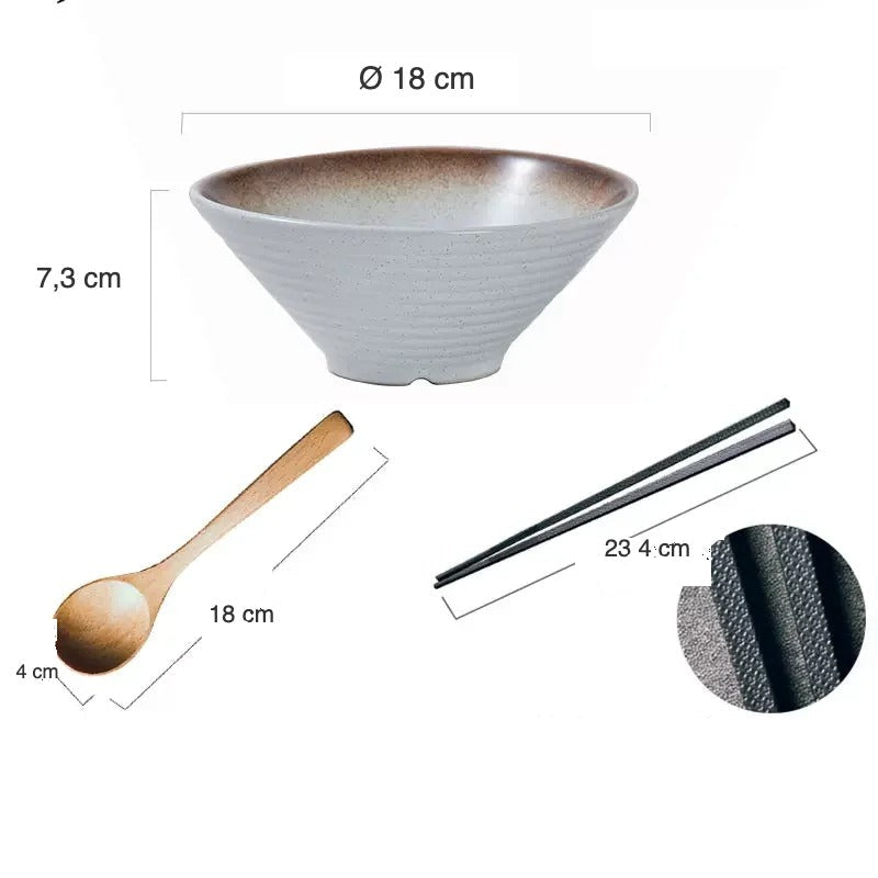 Set bol à ramen Hakata II blanc bord brun avec cuillère et baguettes