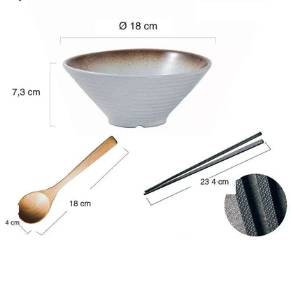 Set bol à ramen Hakata II blanc bord brun avec cuillère et baguettes