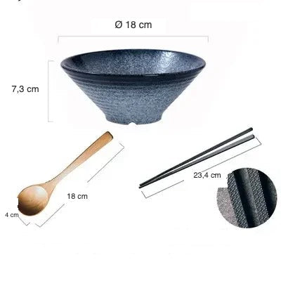 Set bol à ramen Hakata II bleu avec cuillère et baguettes
