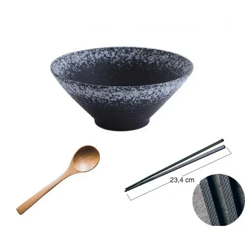 Set bol à ramen Hakata II noir moucheté avec cuillère et baguettes