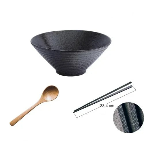 Set bol à ramen Hakata II noir perlé avec cuillère et baguettes