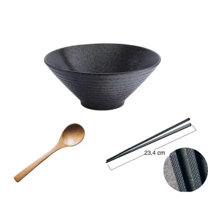 Set bol à ramen Hakata II noir perlé avec cuillère et baguettes