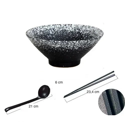 Set bol à ramen Hakata noir moucheté avec cuillère et baguettes