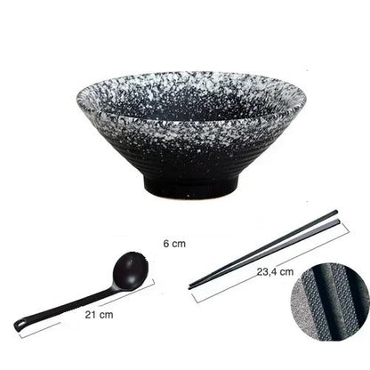 Set bol à ramen Hakata noir moucheté avec cuillère et baguettes