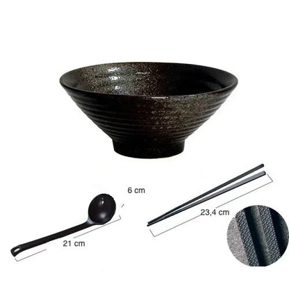 Set bol à ramen Hakata noir perlé avec cuillère et baguettes