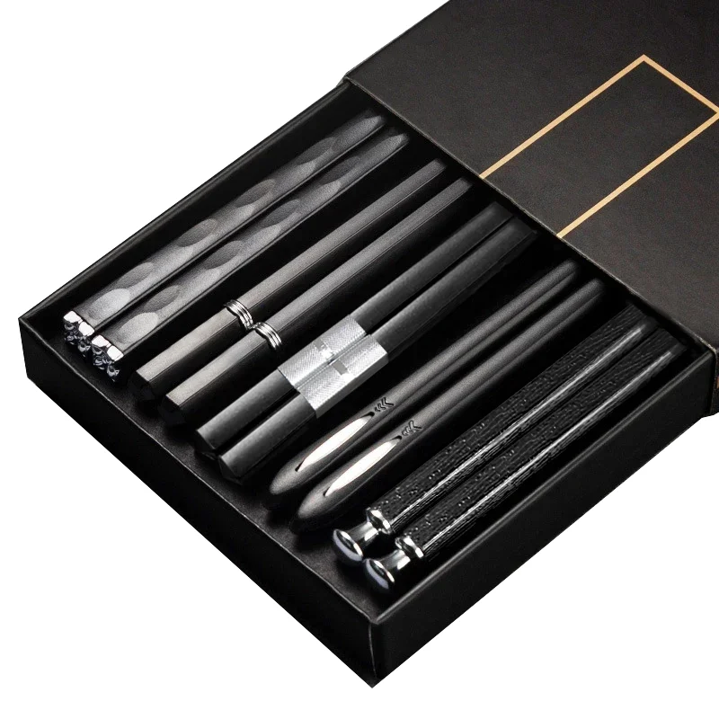 Lot de 5 paires de baguettes Tsuruga noires, cinq designs