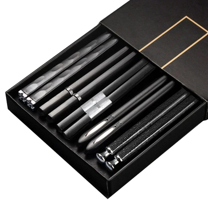 Lot de 5 paires de baguettes Tsuruga noires, cinq designs