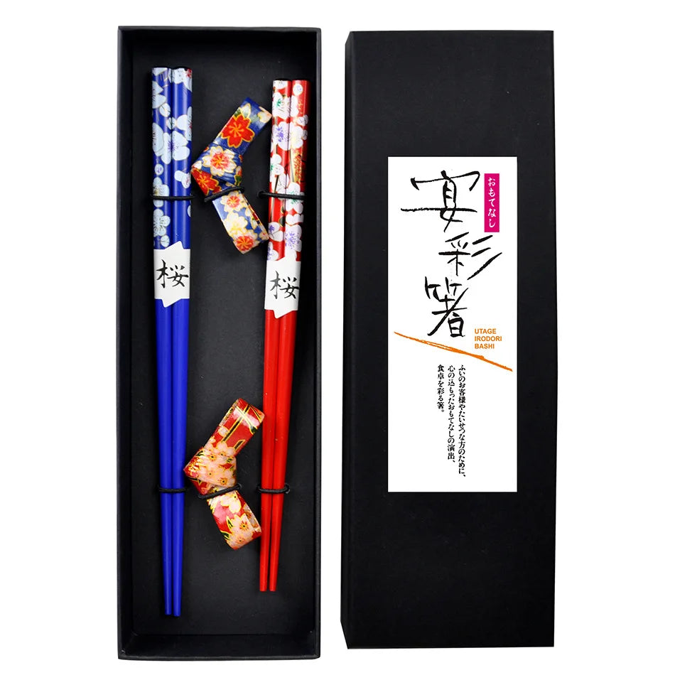 Coffret baguettes Obama sakura bleu et rouge avec repose-baguettes motifs kimono