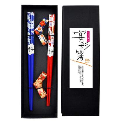 Coffret baguettes Obama sakura bleu et rouge avec repose-baguettes motifs kimono
