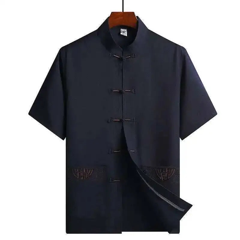 Chemise Kamakura bleu marine à col montant