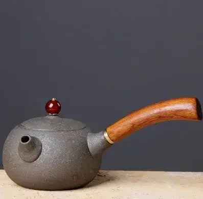 Théière kyusu Nikko gris anthracite, bouton rouge