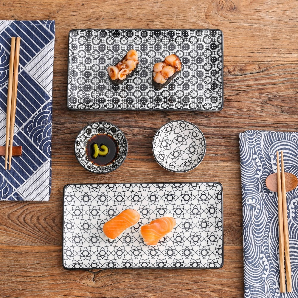 Set De Vaisselle Sushi 7 Pièces Pour 1 Personne - Assiettes, Bols, Baguettes, Cuillères En Céramique Japonaise (couleur Blé Et Sarcelle)
